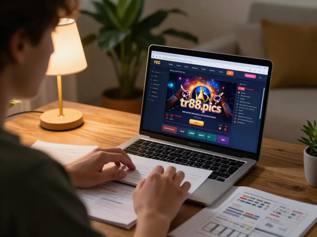 Engaged player at https://tr88.pics/ exploring online casino strategies with laptop and notes.