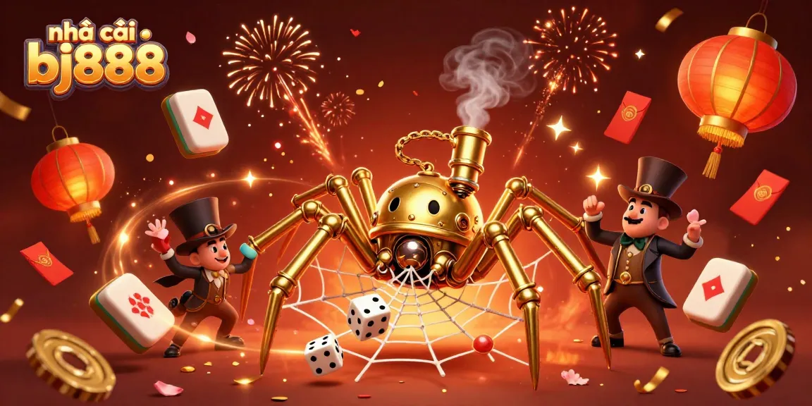 Engage with nhà cái bj888 in this vibrant 3D casino-themed illustration featuring a steampunk spider and dynamic gambling elements.