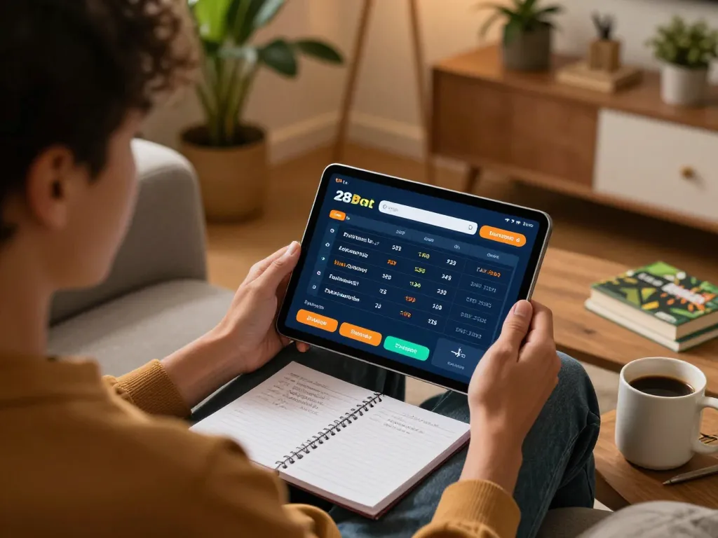 Person analyzing live 28Bet sports betting odds on a tablet in a relaxed home setting