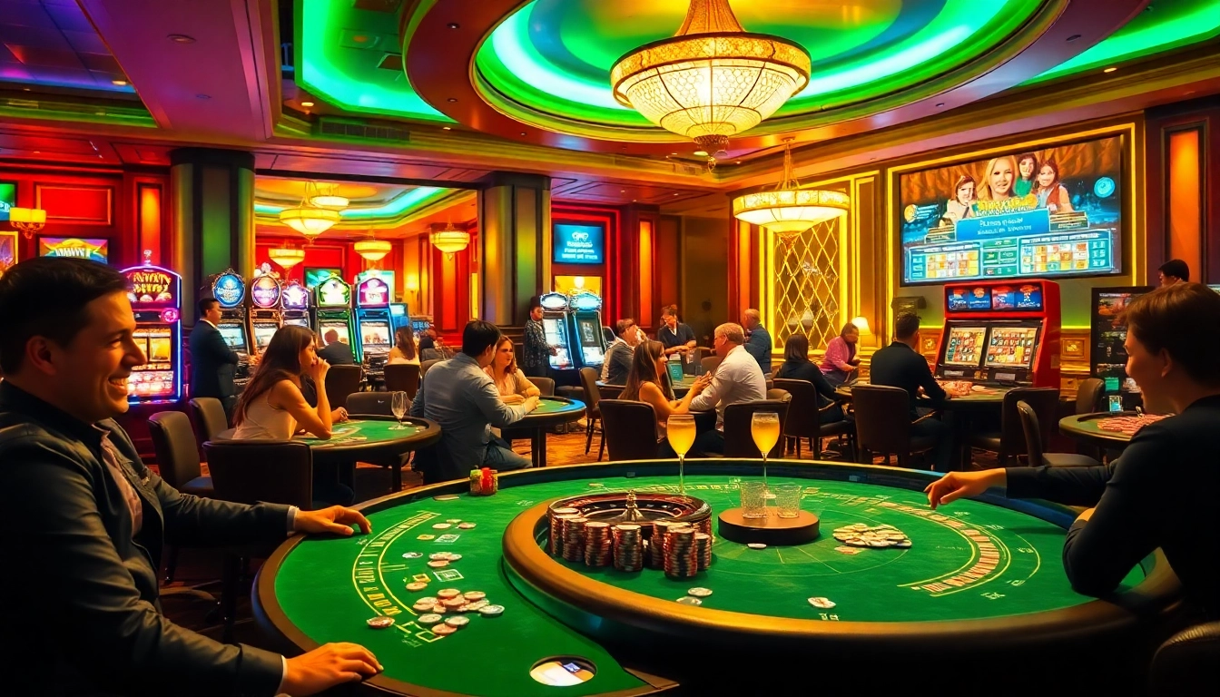 Exciting scene of players enjoying various games at F168 online casino, featuring poker, blackjack, and roulette.