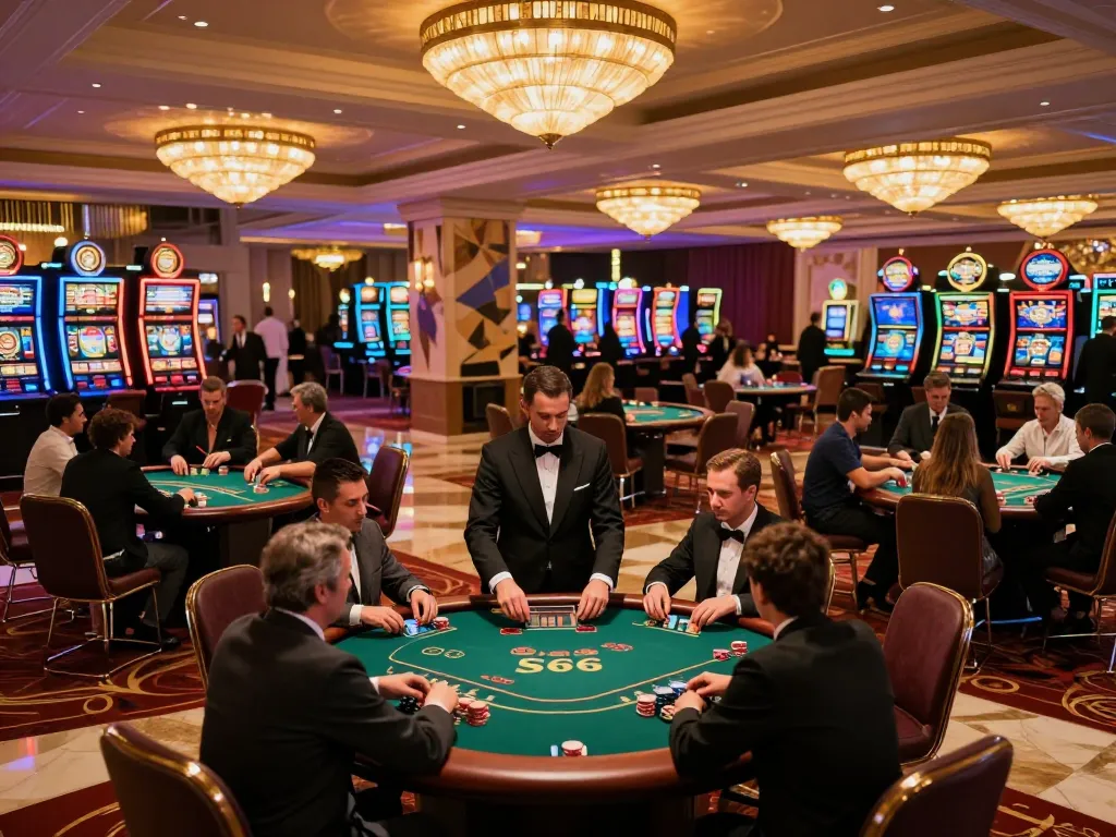 Players placing bets at S666 casino poker tables with warm ambiance and luxurious decor.
