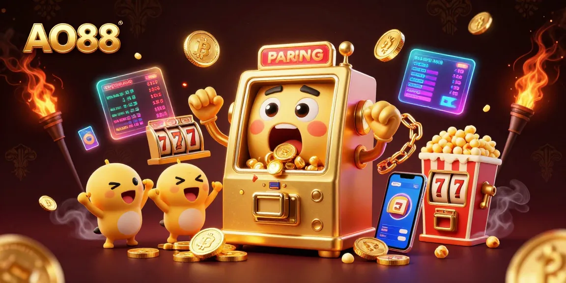 Spin the AO88 jackpot with vibrant slot machines and glowing crypto coins amidst a rich casino atmosphere.