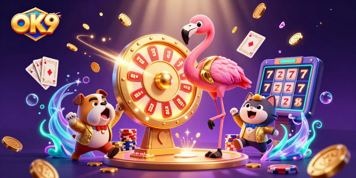 Spin the wheel with OK9 for exciting gambling prizes in a vibrant casino scene.