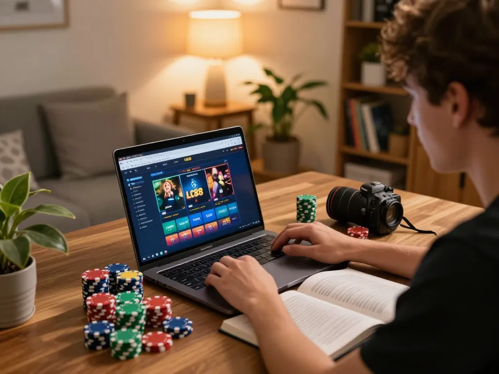 Player engaging with LC88 online casino gaming from a cozy home setup, chips and strategy notes visible.