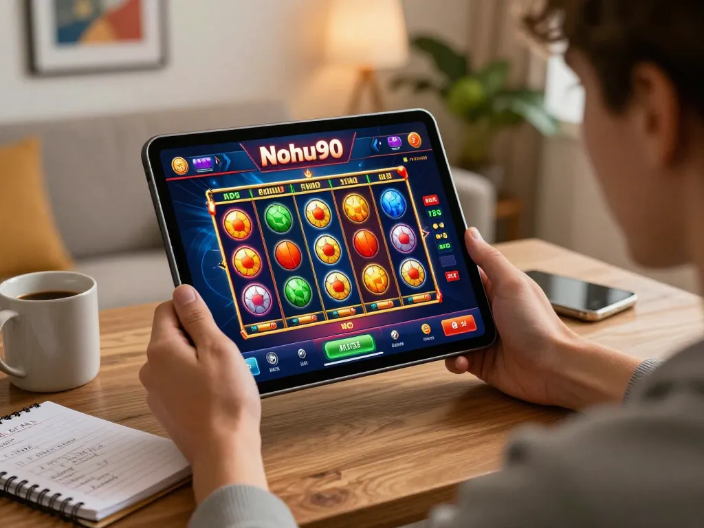 Nohu90 player engaged in exciting online slots game with tablet in a cozy home setting