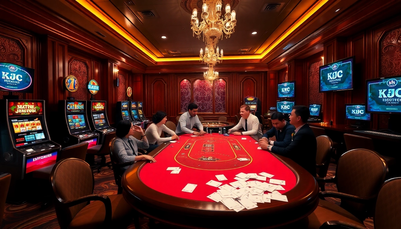 KJC poker players engaging at a luxurious casino table, surrounded by slot machines and roulette.