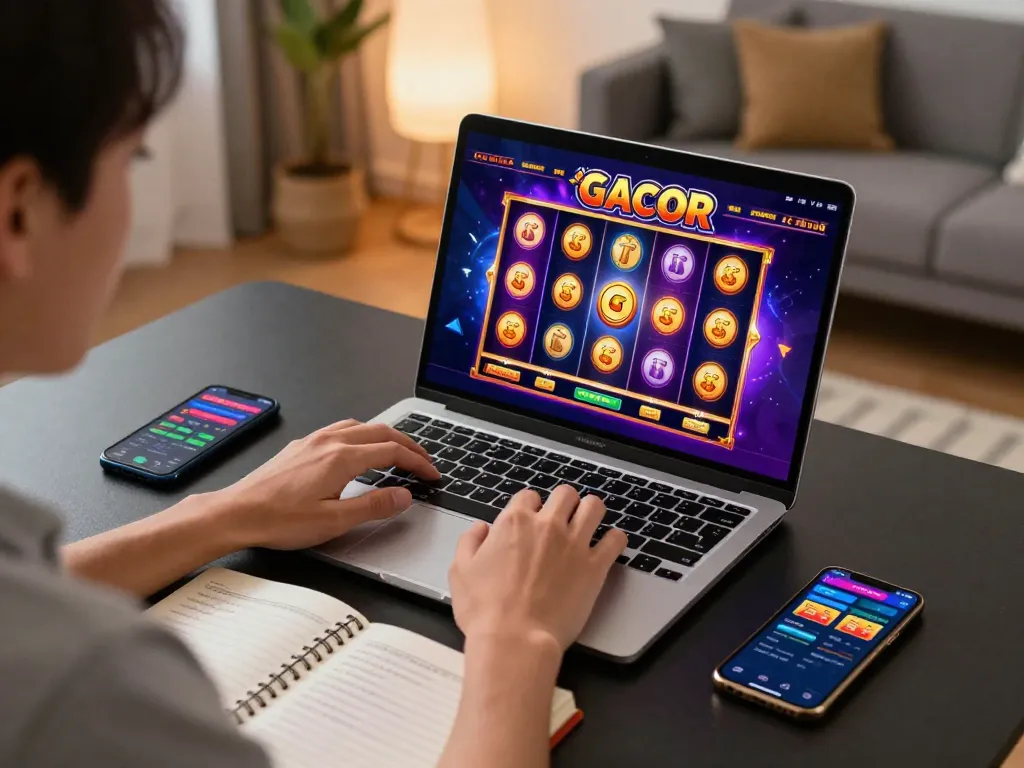 Engaged player enjoying Slot Gacor online gaming with clear strategy notes and laptop.