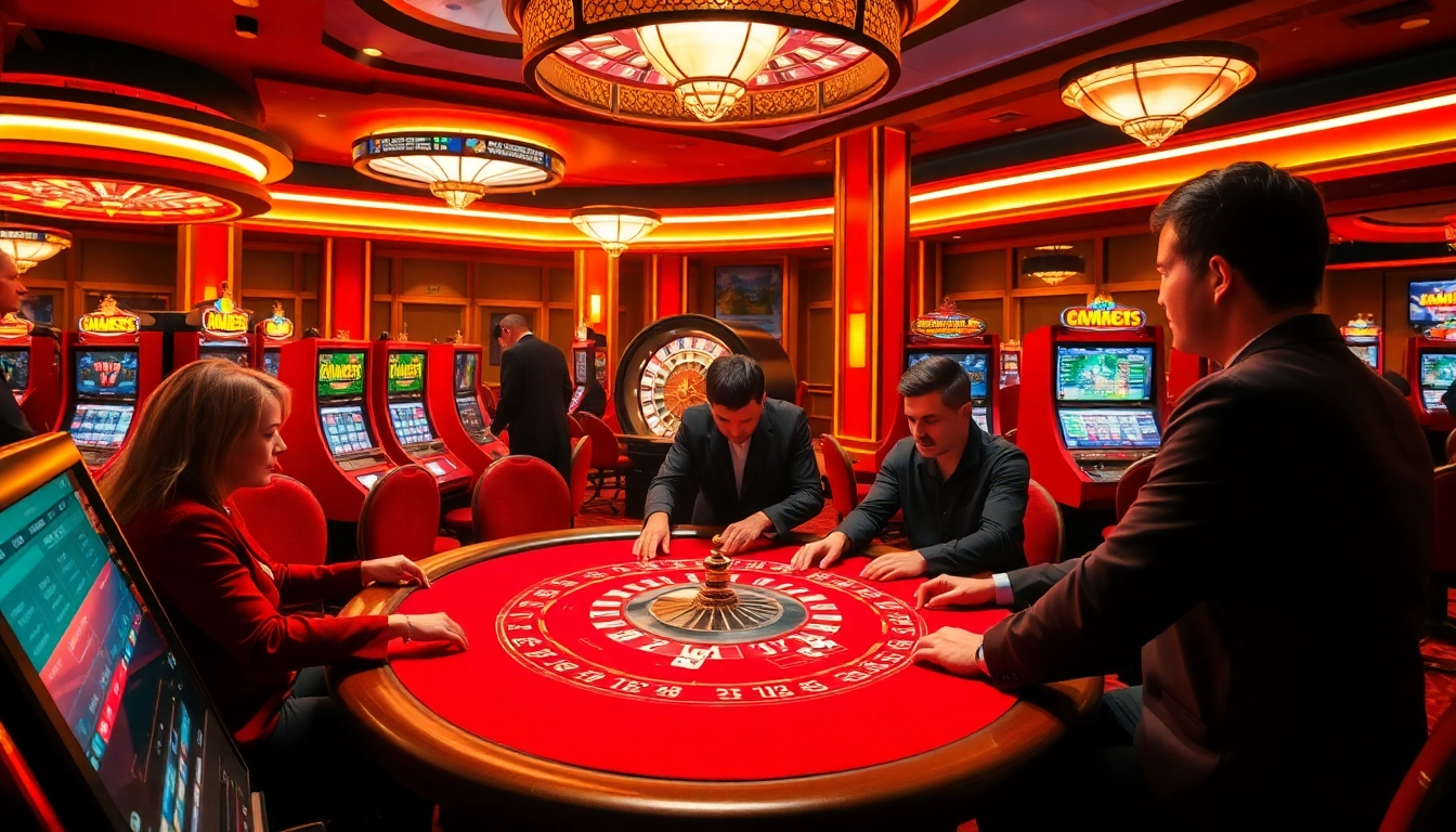 Players enjoying poker at MM88's exciting casino table with vibrant slot machines.