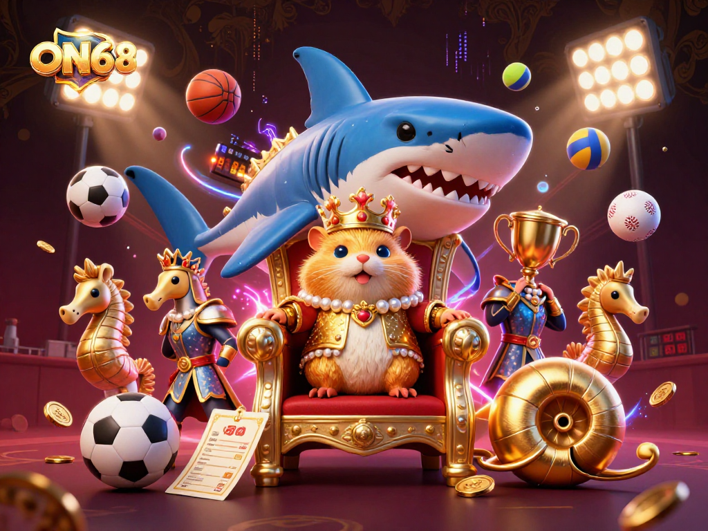 Experience the thrilling world of ON68 with a dynamic 3D casino scene featuring a golden hamster king and various sports elements.