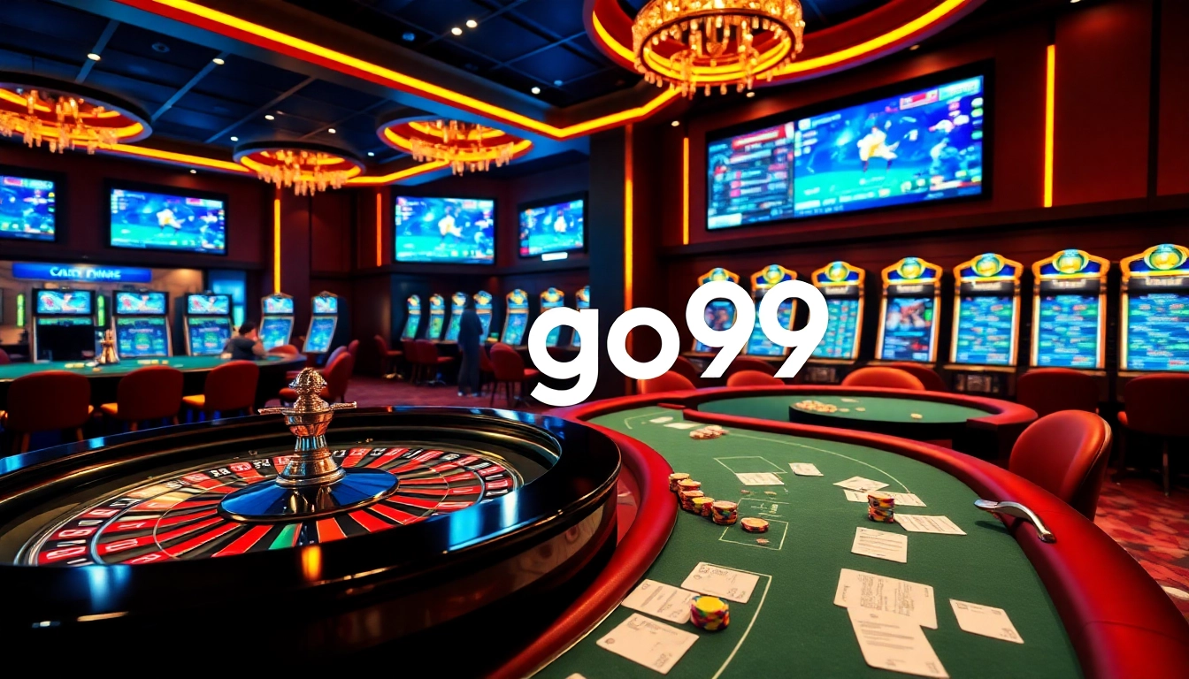 Experience the vibrant atmosphere of go99 online gaming with roulette, poker chips, and slot machines.