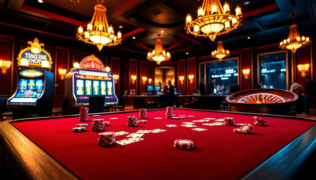Players enjoying a vibrant casino atmosphere at https://gg88.biz/, featuring slot machines and poker tables.