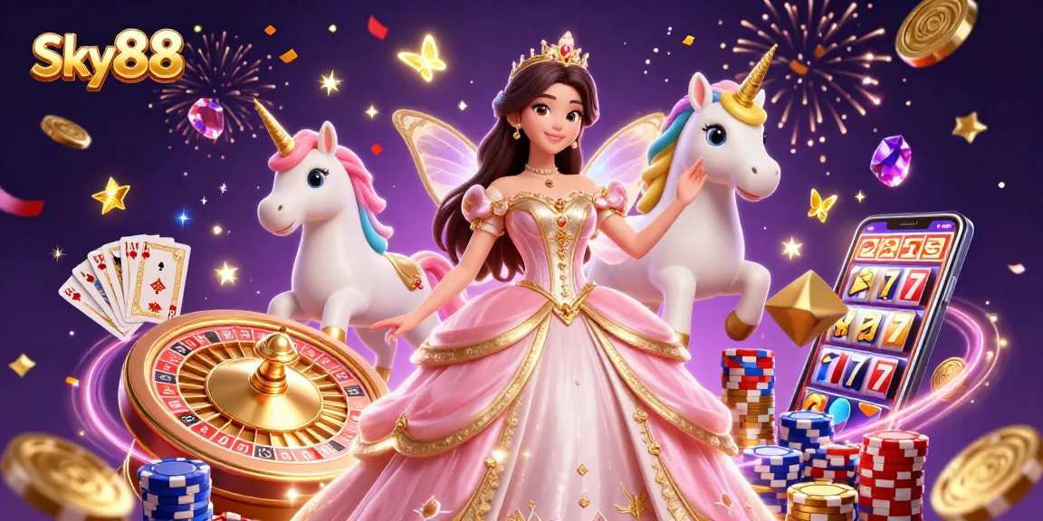 Experience fun and excitement at Sky88 casino with vibrant characters amidst dazzling casino elements.