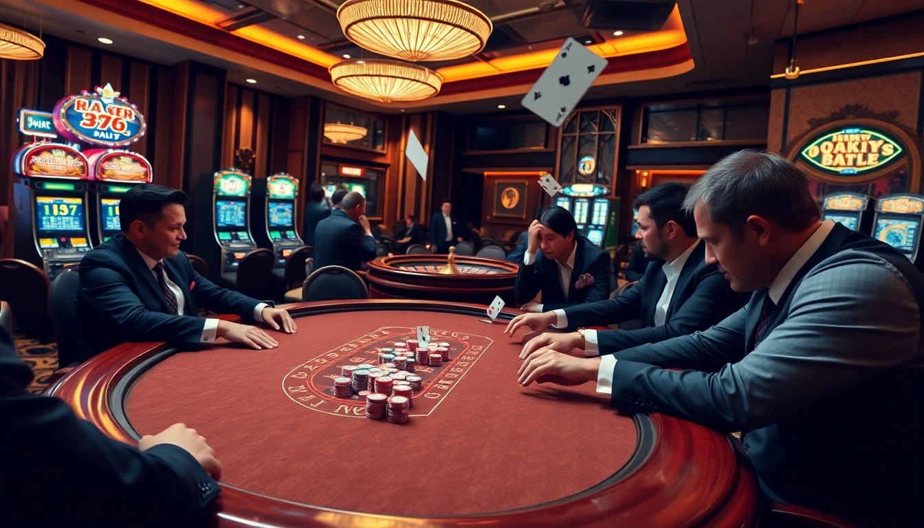 Engaging players analyze kèo nhà cái 5 at a luxurious casino poker table amid vibrant gaming machines.
