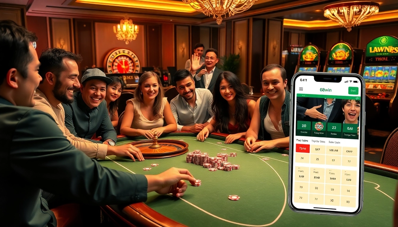 Nạp tiền 68win in action with players excited around a poker table in a vibrant casino atmosphere.