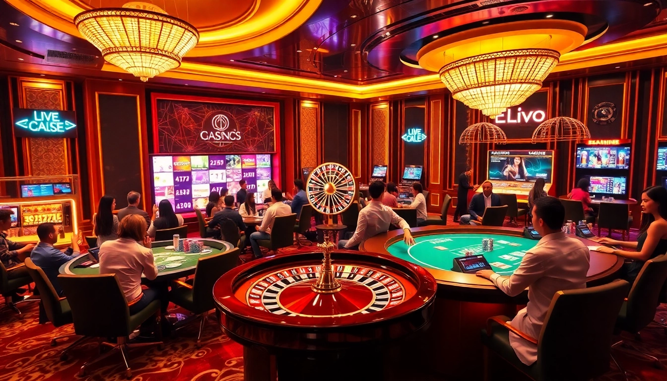 Engaging scene of online gambling at https://uu88vip.sa.com/ with vibrant casino tables, players, and roulette wheels.