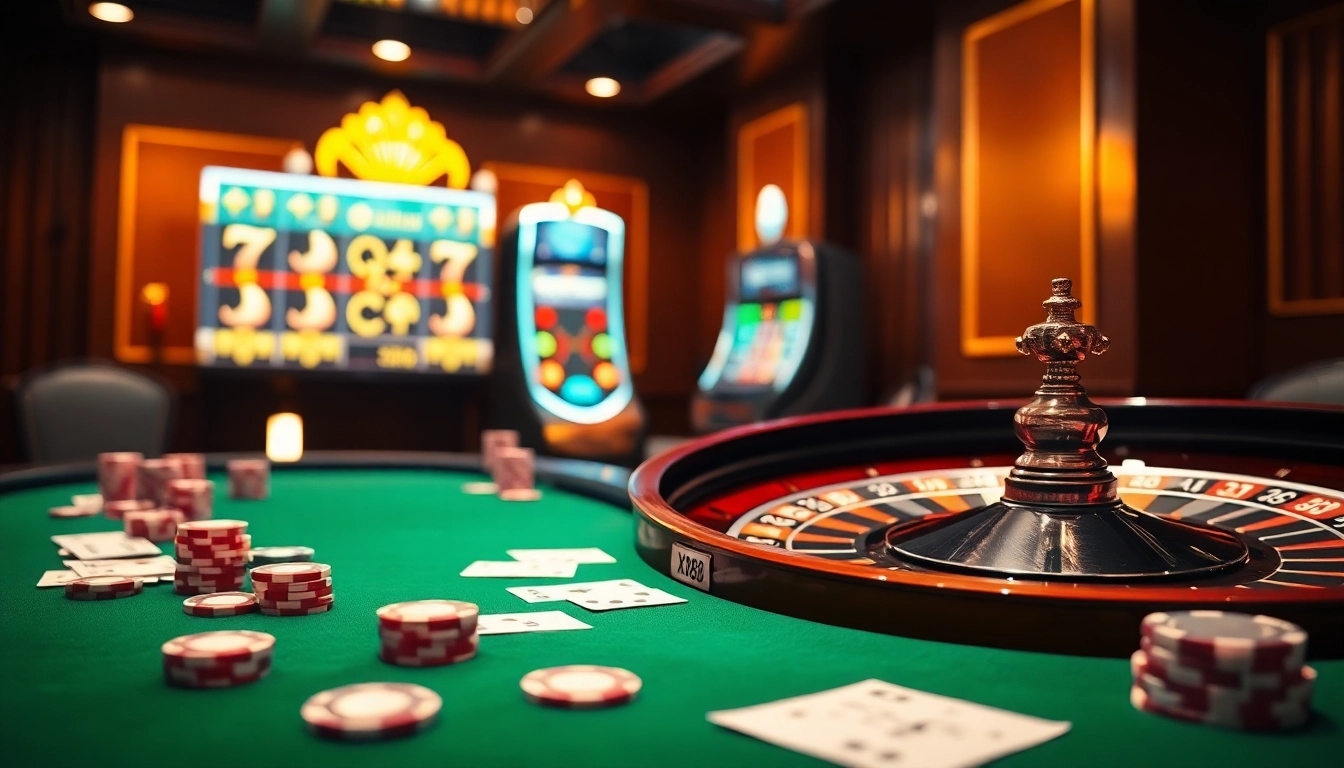 Nạp tiền xn88 at a luxurious casino with poker chips, cards, and a roulette wheel.