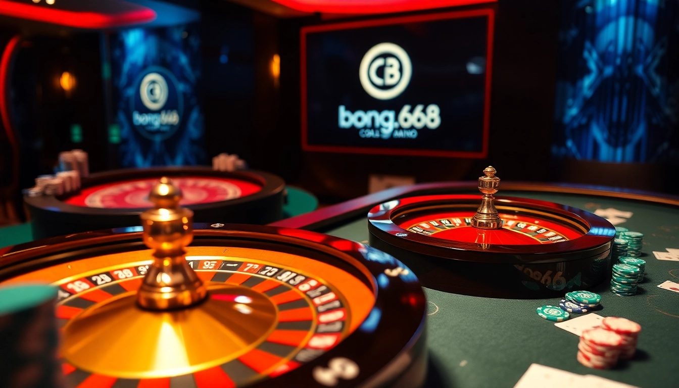 Experience excitement at bong88.casa with a visual of a vibrant, luxurious casino scene featuring roulette and poker.