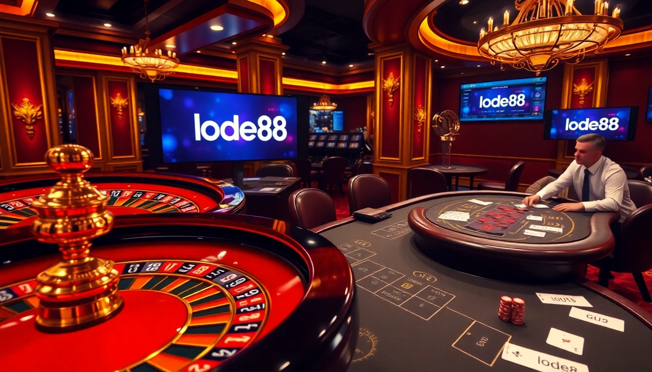 Experience high-stakes gaming at lode88 with a lavish casino setup featuring roulette and poker.