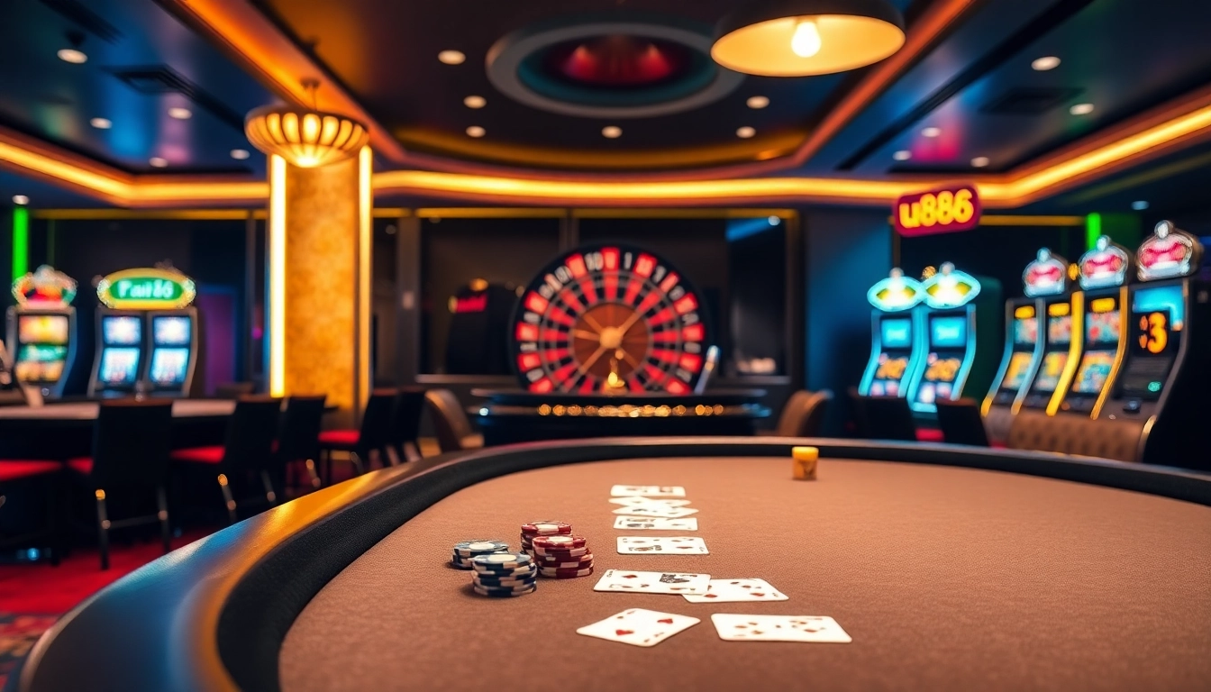 uu88 betting scene with luxurious casino table, roulette wheel, and vibrant slot machines.