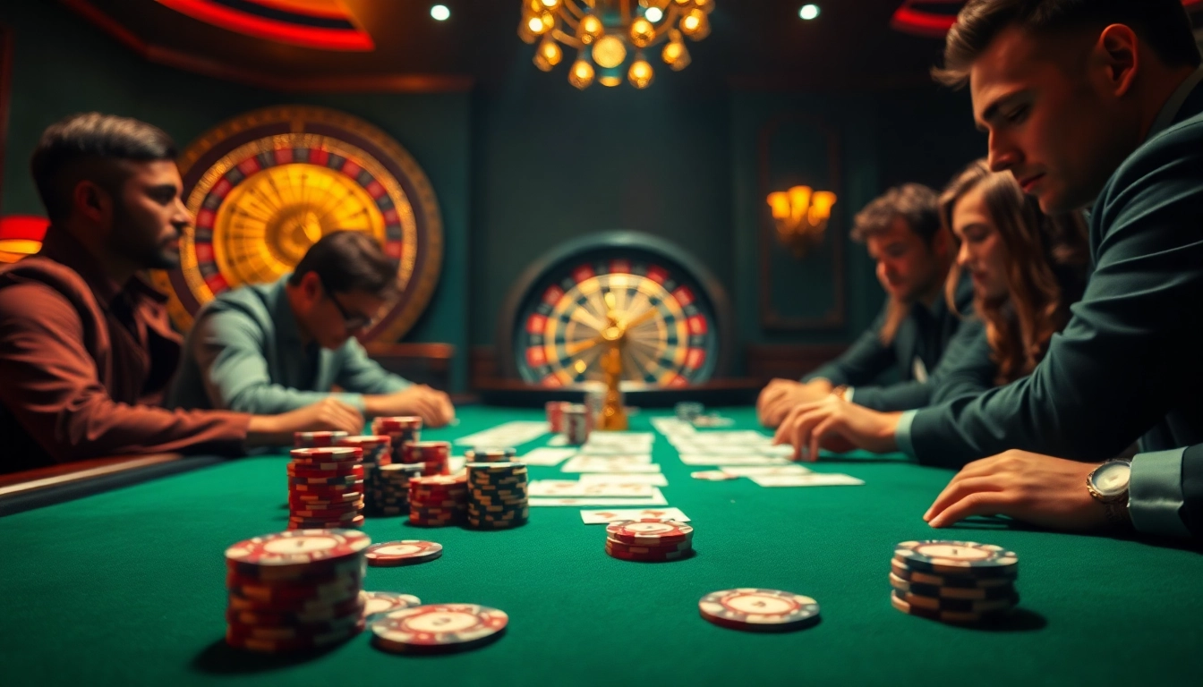 Experience the thrill of gaming at mb66.ski with high-stakes poker action at a luxurious casino table.