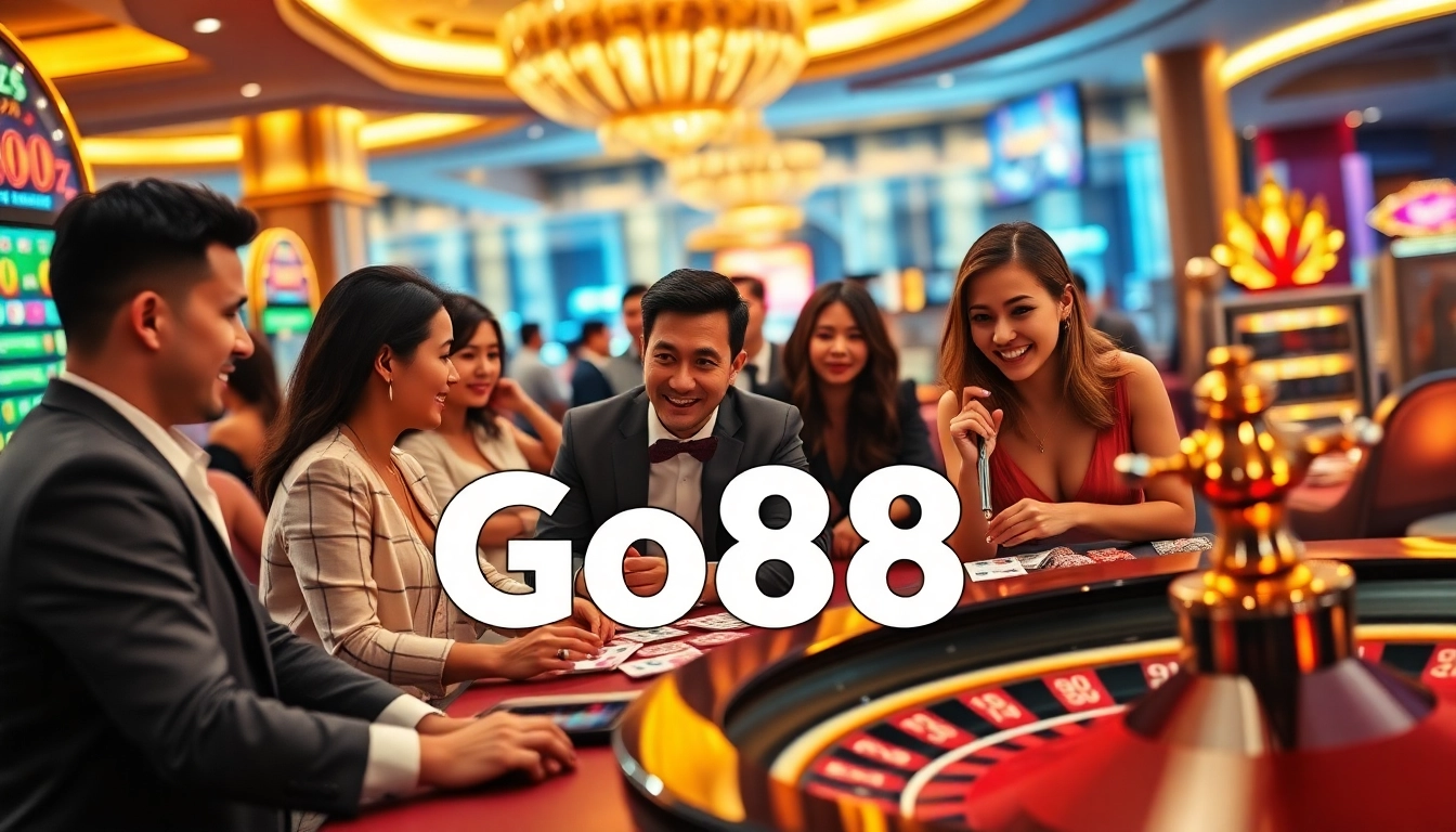Excited gamblers engaging at the go88 casino, with vibrant slot machines and poker tables.