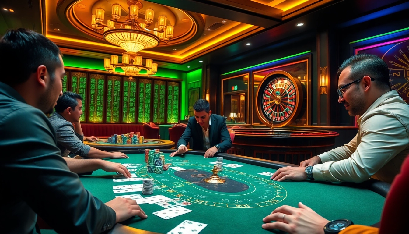 Players engaging at a high-stakes poker table at Fun 88 casino, showcasing excitement and luxury.