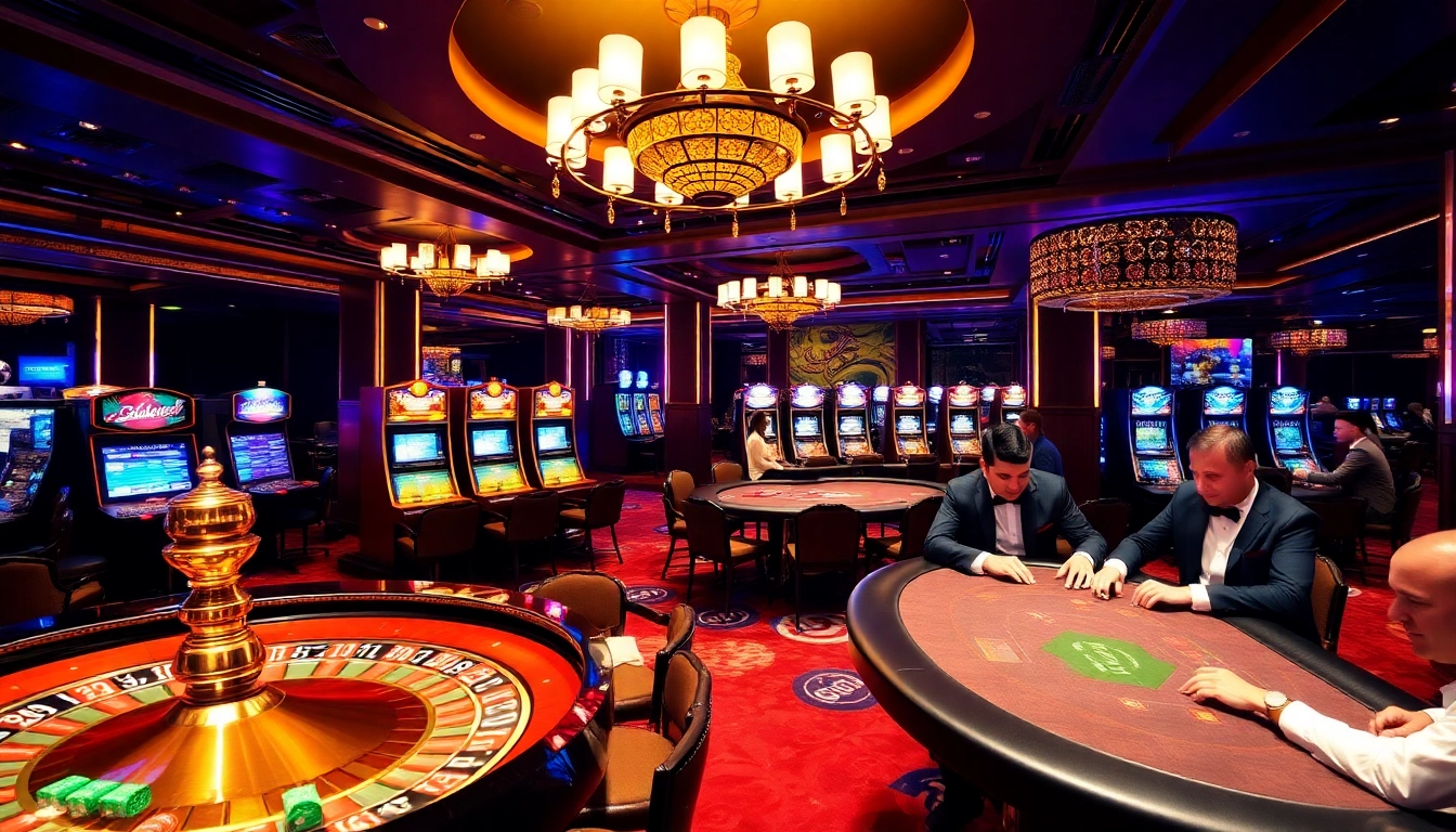 Engaging players at the luxurious 65A casino, featuring roulette and slot machines.
