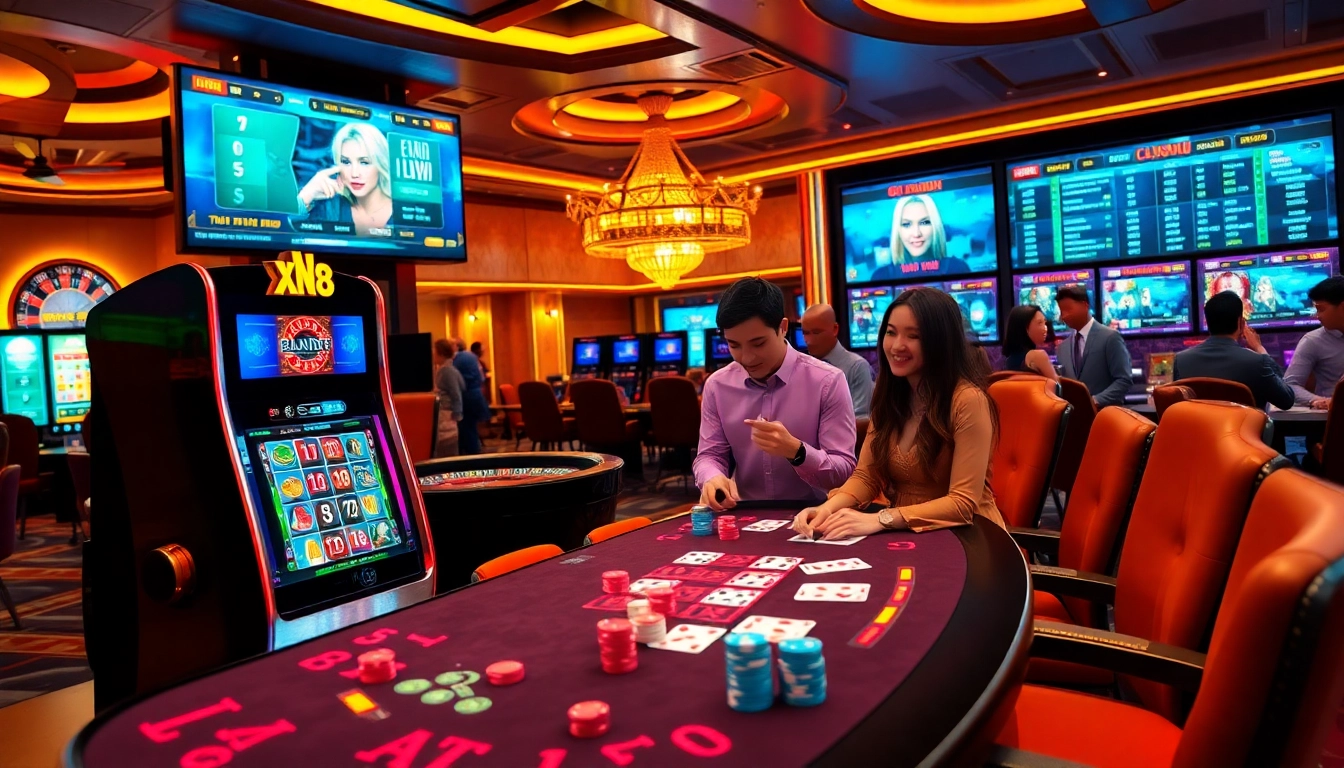 Experience the thrill of nạp tiền xn88 at a vibrant casino, featuring gaming tables and slot machines.