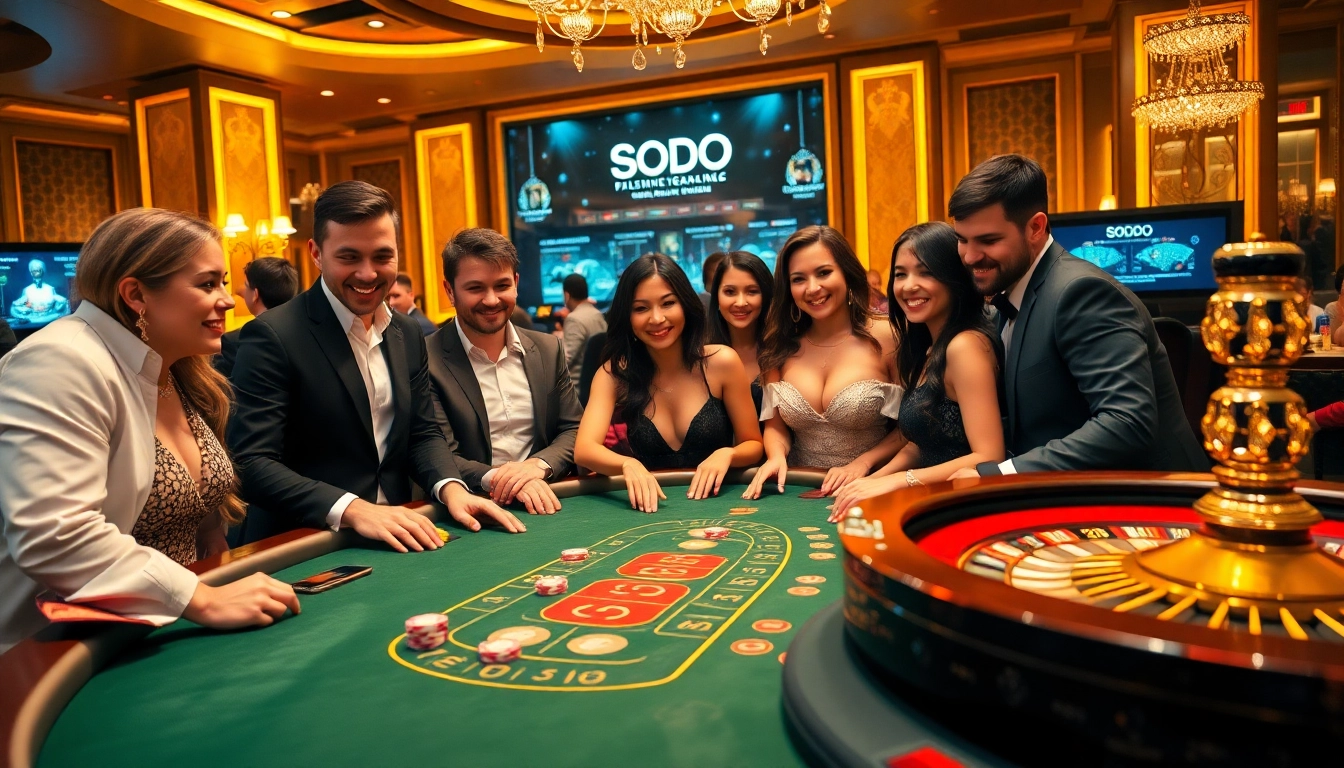 SODO Casino showcasing a luxurious blackjack table surrounded by excited players in an elegant environment.
