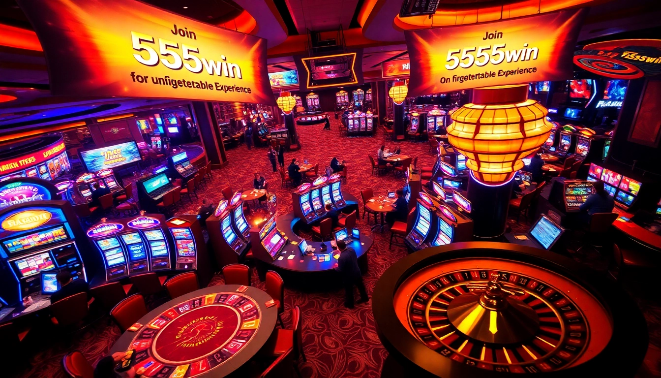 Exciting casino scene featuring players at a poker table and vibrant slot machines at 555win.