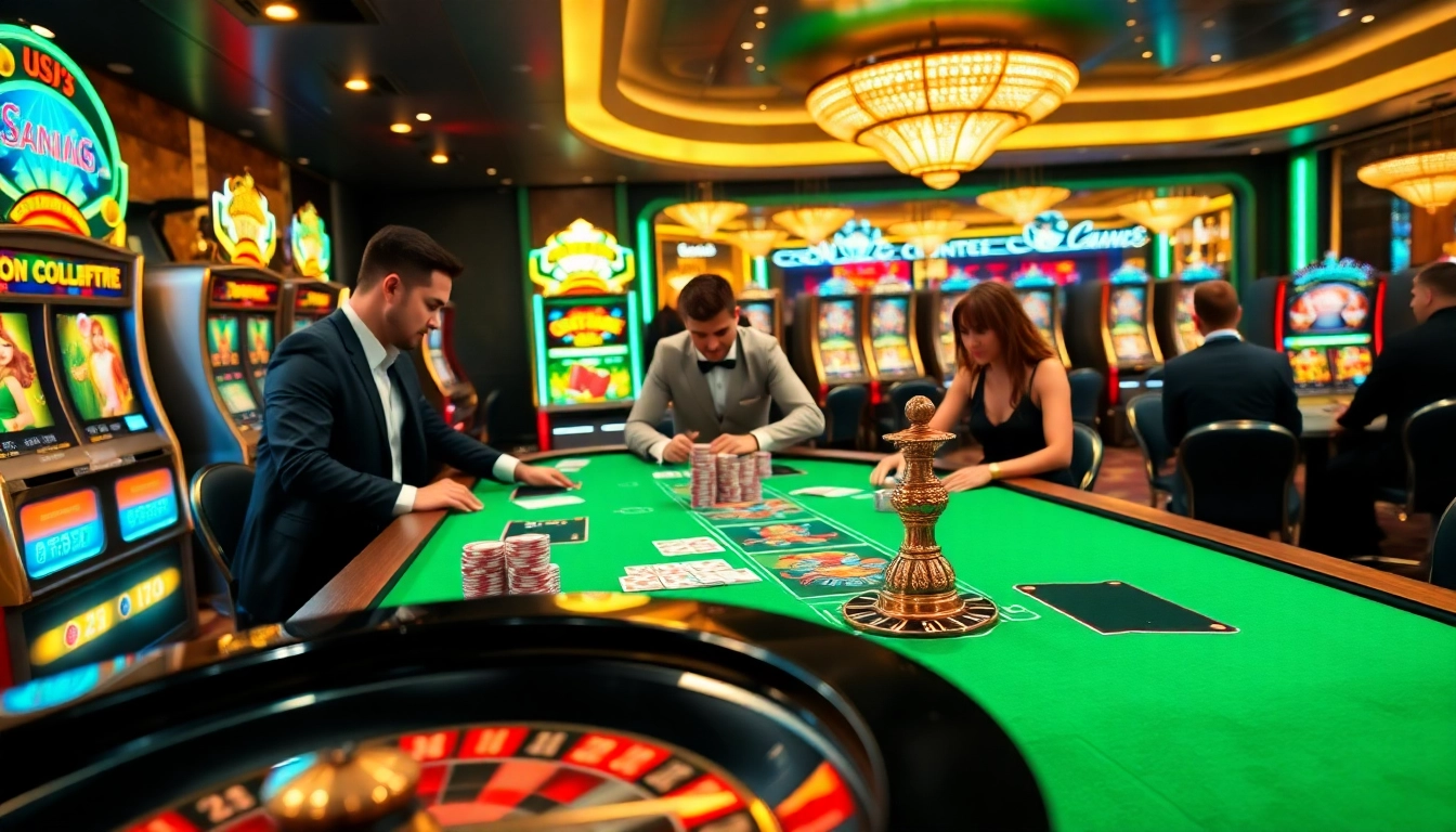 Players enjoying high-stakes games at uu88 luxurious casino, vibrant and exciting atmosphere.