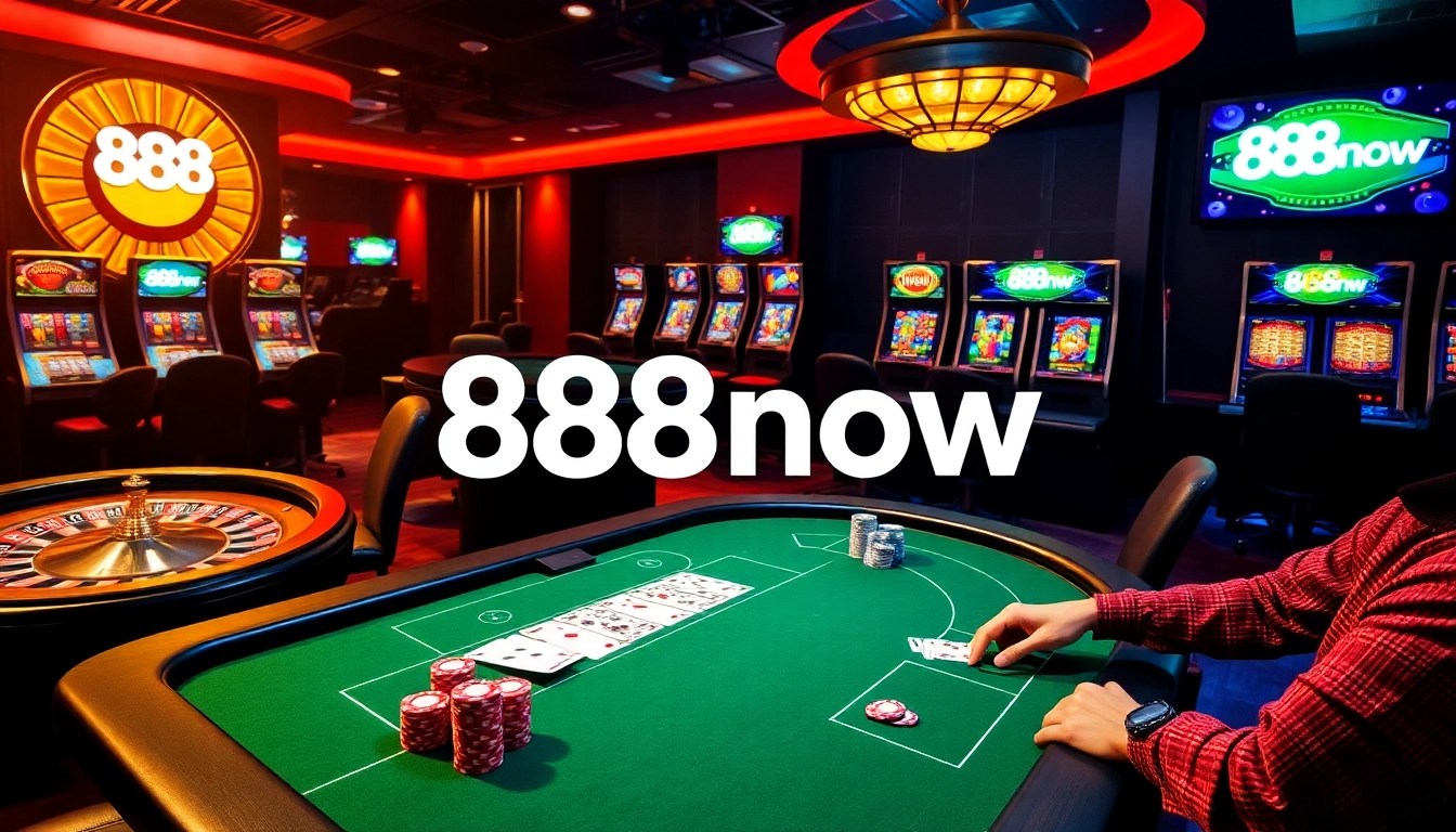 Engaging poker game scene with 888now branding showcasing excitement in online gambling.