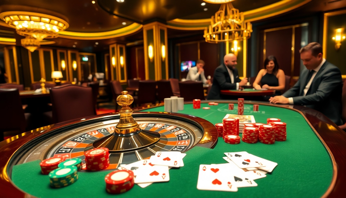 Engage with the excitement at https://hbbet4.art/ in a luxurious casino scene featuring a roulette wheel.