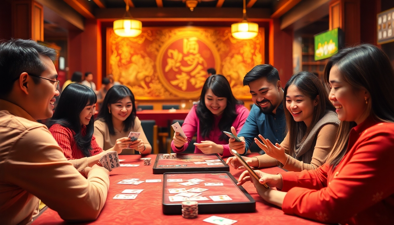 Engaging players enjoying top games at topgamebaidoithuong.mx, featuring traditional Vietnamese card games in a vibrant atmosphere.