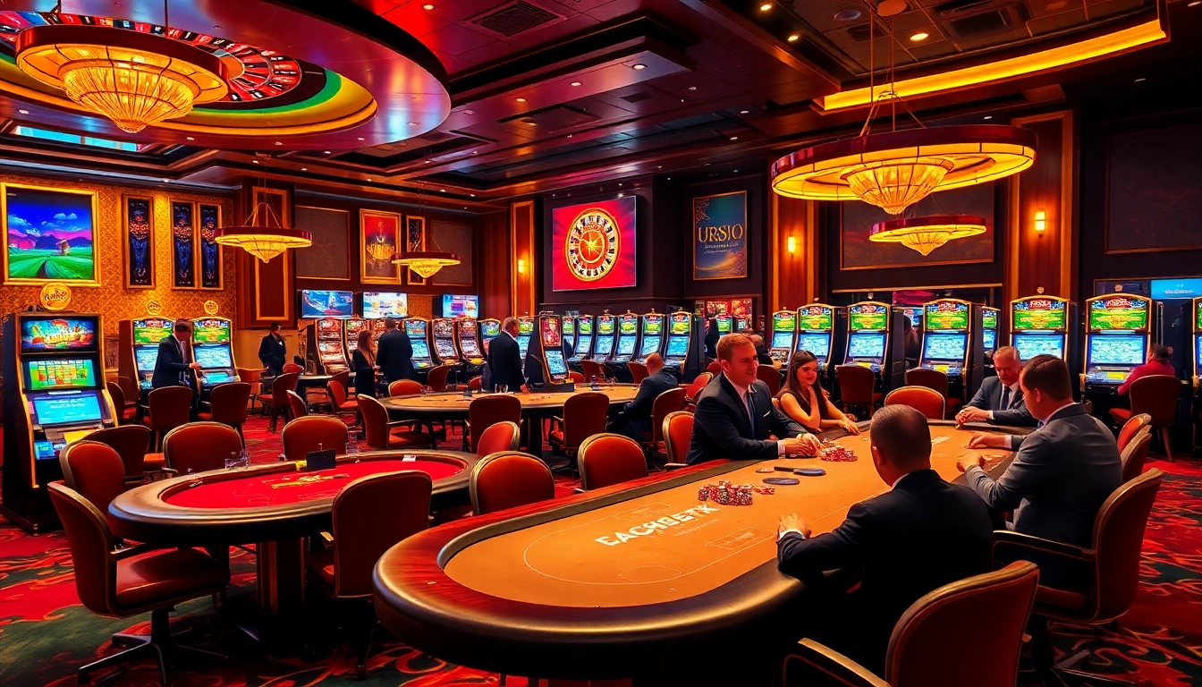 Exciting poker action at dom88.us.com with luxurious tables and vibrant slot machines.