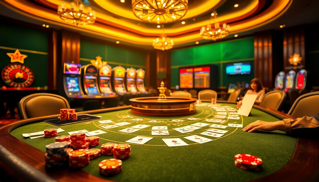 The excitement of gambling at https://99okwin.live with vibrant casino tables, poker chips, and engaging players.