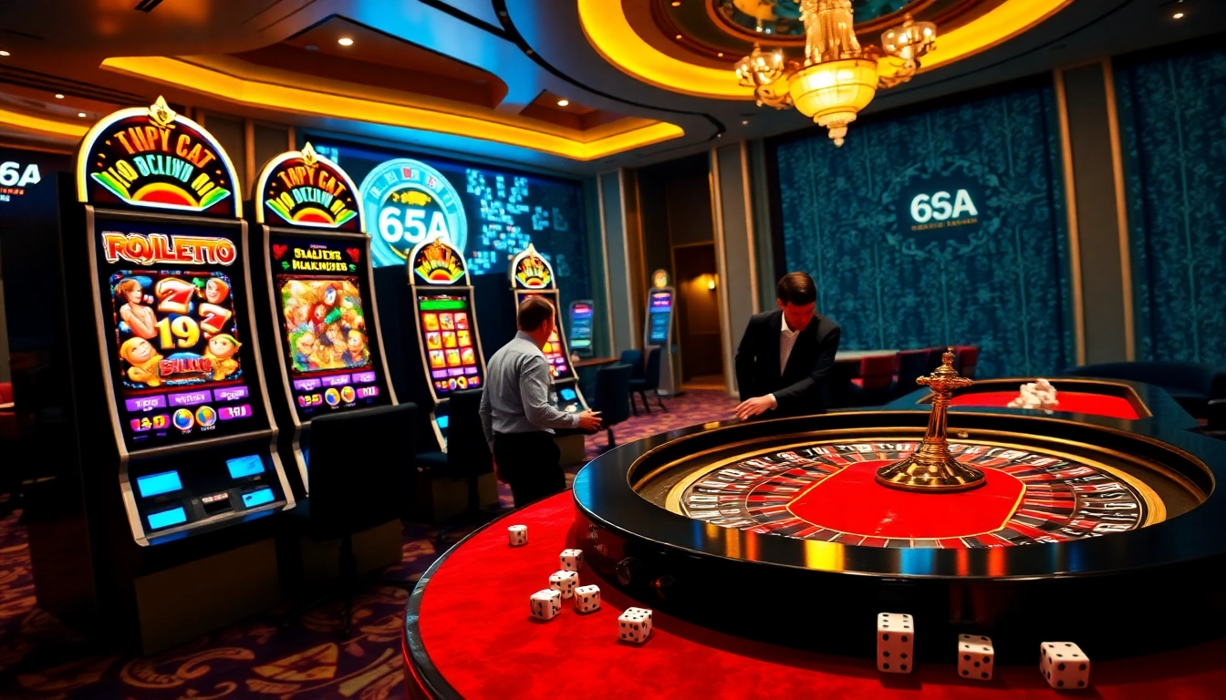 Players enjoying games with 65A branding, showcasing luxury and excitement in an online casino.