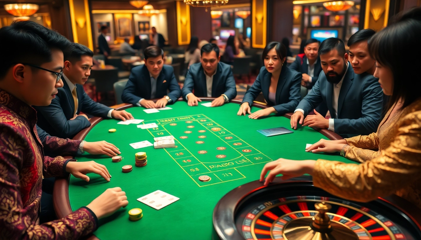 Players strategizing at the SV66 betting table, surrounded by chips and cards in an elegant casino atmosphere.