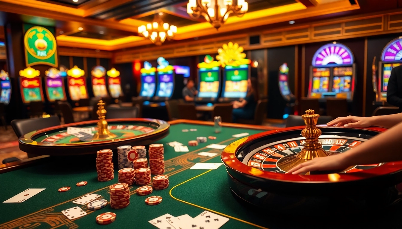 Kp88 players enjoying a thrilling casino experience with poker chips and slot machines.