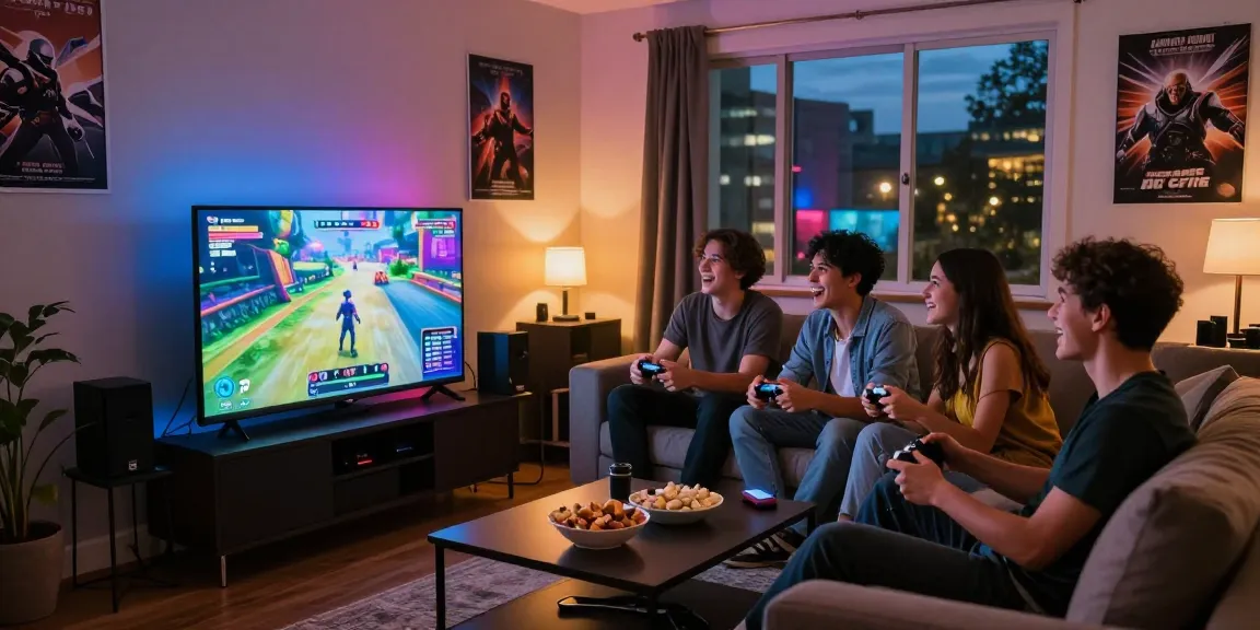 Friends enjoying a gaming night with snacks and controllers in a lively atmosphere, showcasing au88 gaming excitement.