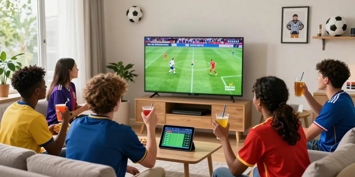 Xem Bóng Đá Cakhia with enthusiastic fans enjoying a football match live in a cozy living room.